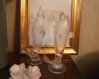 Vintage hand Blown art Glass Standing Fish Vases 