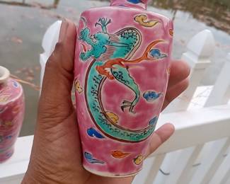 Pair of tiny hand painted restored Japanese dragon vases signed 85.00
