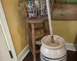 Vintage stool, more marbles in jars, vintage churn