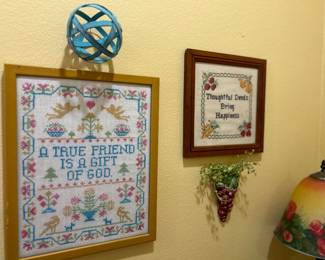 Large Cross stitch sampler in frame, smaller sampler framed, decor items
