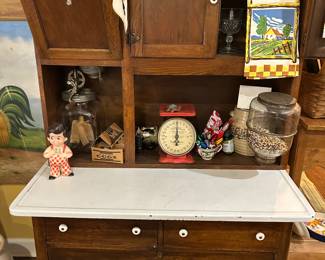 Shoney Big Boy character doll, vintage glass churn, vintage red scale, small churn, jar, glass handle holder, towel and more!