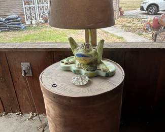 Barrel, lamp & frog decor