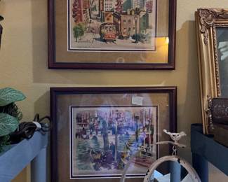 Top picture is another Kingman - framed & matted of Cable Cars in San Francisco - bottom picture is metal oval mirror on stand with bird at top 