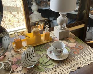 Lamp, dresser set, cup & saucer (England), glass decor piece - all on dresser