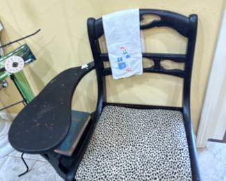 Black upholstered chair - Telephone arm &  vintage linen towel embroidered 