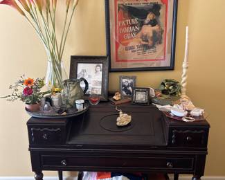 Vintage secretary desk, Dorian Gray poster framed, and collectibles