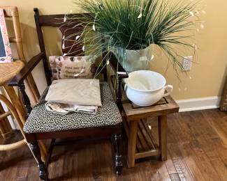 Vintage arm chair, plant in nice pot, bathroom jar, bath stool , pillow & heating pad