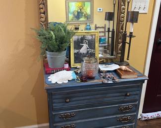 5 drawer painted chest - Sold
large wall mirror, decor