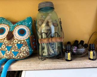 More decor- DoTerra oils, jar with vintage clothes pins