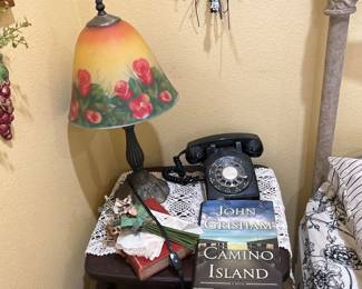 Bedside table, phone, lamp & wall decor - Telephone is pending