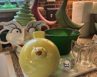 Kitchen - ducks - one red & one green, green bowl, small pitcher - Chicken moved to screen porch