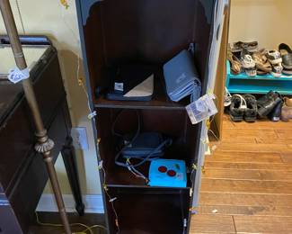 Vintage shelf with wallets & strand of lights