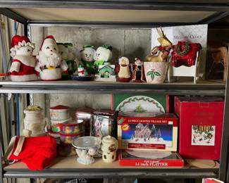 Various Christmas Items - 12 Piece Lighted Village Set, Stockings, Tins & More