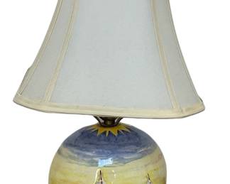 Ceramic Lamp With Raised Sailboat Design & Silk Shade