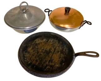 Vintage Cookware - Cast Iron Griddle, Aluminum Pan W Twisted Handle Copper Lid, Aluminum Covered Bowl