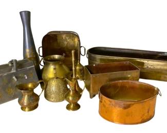 
Various Brass And Copper Items - Copper Tin, Vintage Brass Bells, Brass Planter & More
