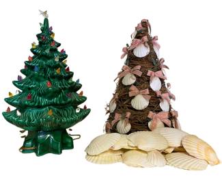 
2 Christmas Trees -Green Ceramic With Lights & Reed Tree With Sea Shells