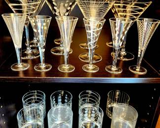 22pcs Modern Etched Cocktail Glasses $95 or bid #10