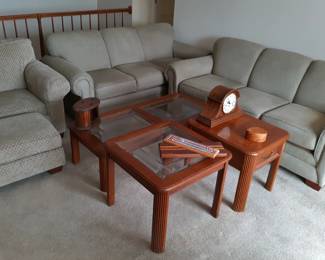 Sofas, coffee table, end tables, easy chair with ottoman