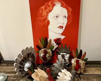 "Red" print at $45, six rustic turkeys at $10 each