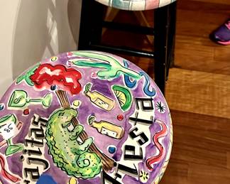 Two HAND PAINTED stools: "Fajitas Fiesta" & "Tortellini, Ricotta, & Cappuccino" - what's not to love?? $85 each