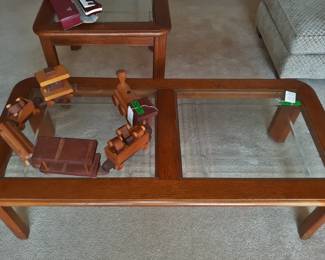 Oak and beveled glass coffee table and occasional table. Hand made wooden toy train.