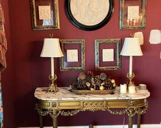 French-style marble top console, lamps, decorative accessories 