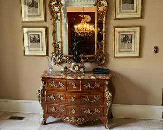 French Bombe chest, ornate gold mirror