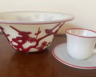 Valuable Chinese Glass Red Bowl, Teacup & Saucer