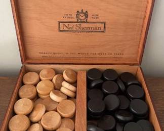 Wood Checkers in Nat Sherman Cigar Box