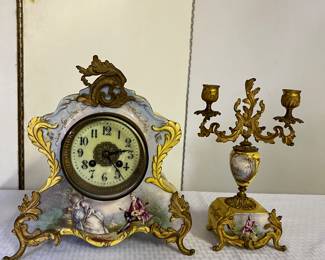 Antique French mantle clock and matching candelabra