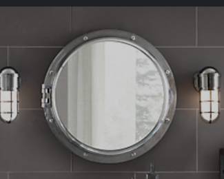 Restoration Hardware port hole mirror cabinet and lighted wall sconces (stock photo)Items are new in the box.