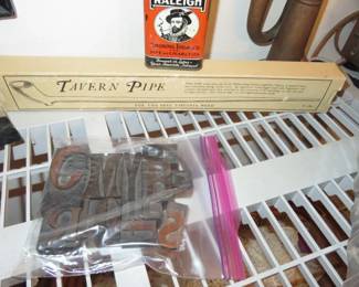 Boxed Virginia Tavern Pipe, Vintage Letterpress Printers Block Letters