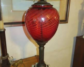 Vintage Cranberry Glass Marble Base Table Lamps