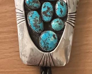 Vtg Sterling and Turquoise Bennett Bolo Tie 