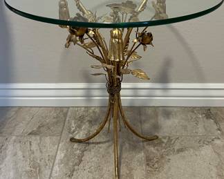 Hollywood Regency Gold Gilt Metal Flower Side Table