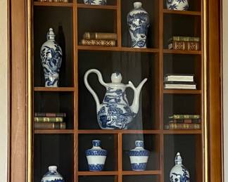 Shadowbox w Miniature Blue and White Pottery and Miniature Books