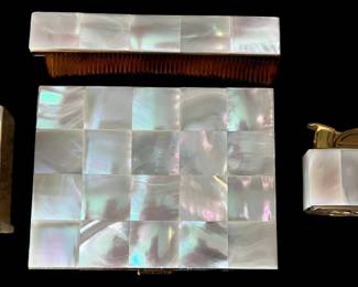 Mosaic Mother of Pearl Set: Lipstick, Comb, Lighter and Cigarette Case