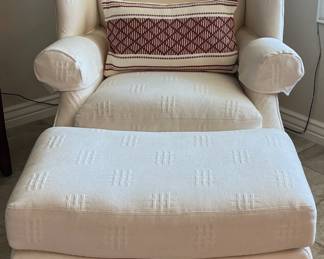 Drexel Heritage Wingback Ivory Arm Chair and Ottoman