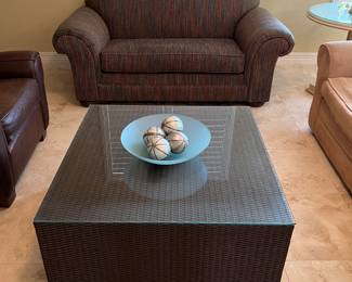 36" Square Wicker Coffee Table w Glass Top, Loveseat