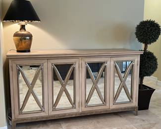 Sideboard w Mirrored Doors. Brass Table Lamp, Topiary x 2