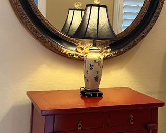 Asian Cabinet, Table Lamp, 45" Round Mirror