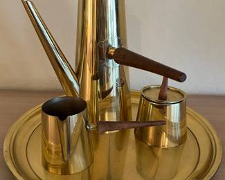 Mid Century Brass/Teak Tea Service Set