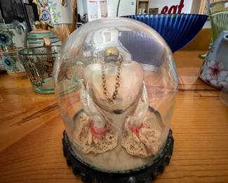 $80 	1920's forever perfume glass heart on iron base with globe