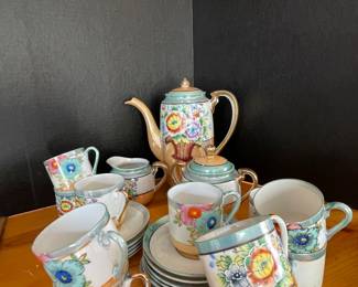 $90 Japan coffee set luster & floral 11 cups - creamer & sugar 	tall coffee pot