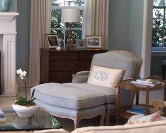 Armchair with Ottoman in Thibaut Fabric