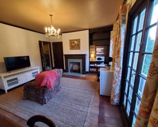 White entertainment center, white mini fridge/freezer, white retro microwave