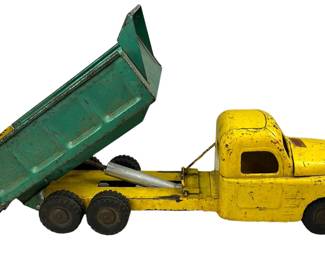 Vintage Structo Hydraulically Operated Dump Truck Original Paint Metallic Green Yellow Steel Toy