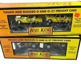 Rail King MTH Electric Trains Auto Transport Flatcar with ERTL 59 taxis and 40 woody wagons 30-7625,