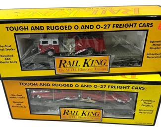 Rail King MTH Electric Trains: Flat Car Ertl Firetruck 30-7629 & Fire Cars 30-7623